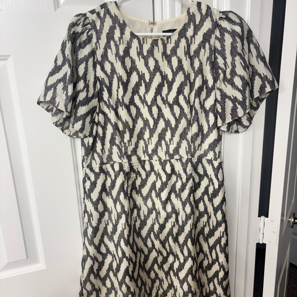 J. Crew Ivory and Charcoal Silk Abstract Print Dress